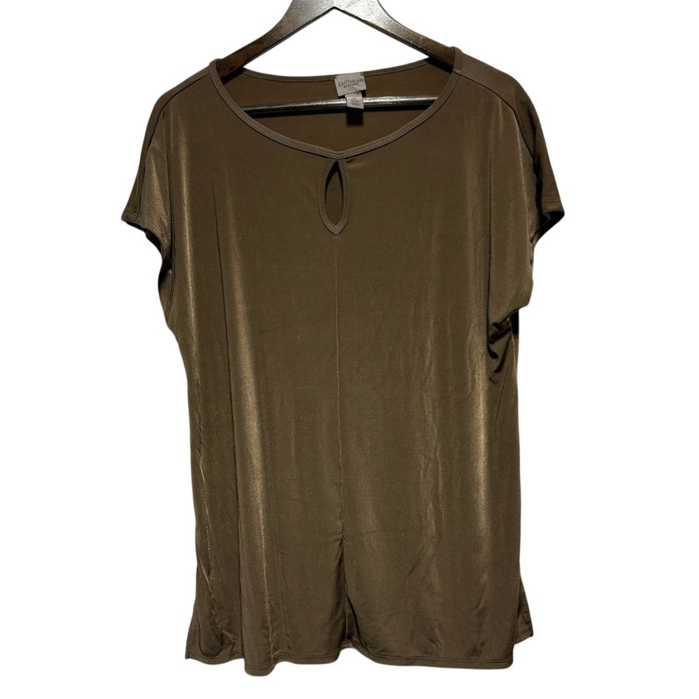 Chicos Tunic Womens M Tan Brown Cap Sleeve Oversized Stretch Knit Basic